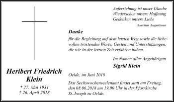 Traueranzeige von Heribert Friedrich Klein von Die Glocke