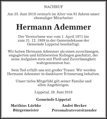 Traueranzeige von Hermann Ademmer von Die Glocke