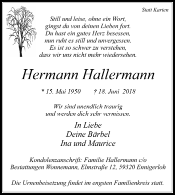 Traueranzeige von Hermann Hallermann von Die Glocke