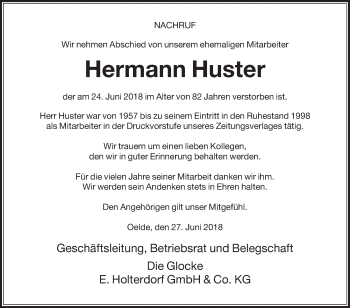 Traueranzeige von Hermann Huster von Die Glocke
