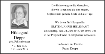 Traueranzeige von Hildegard Deppe von Die Glocke