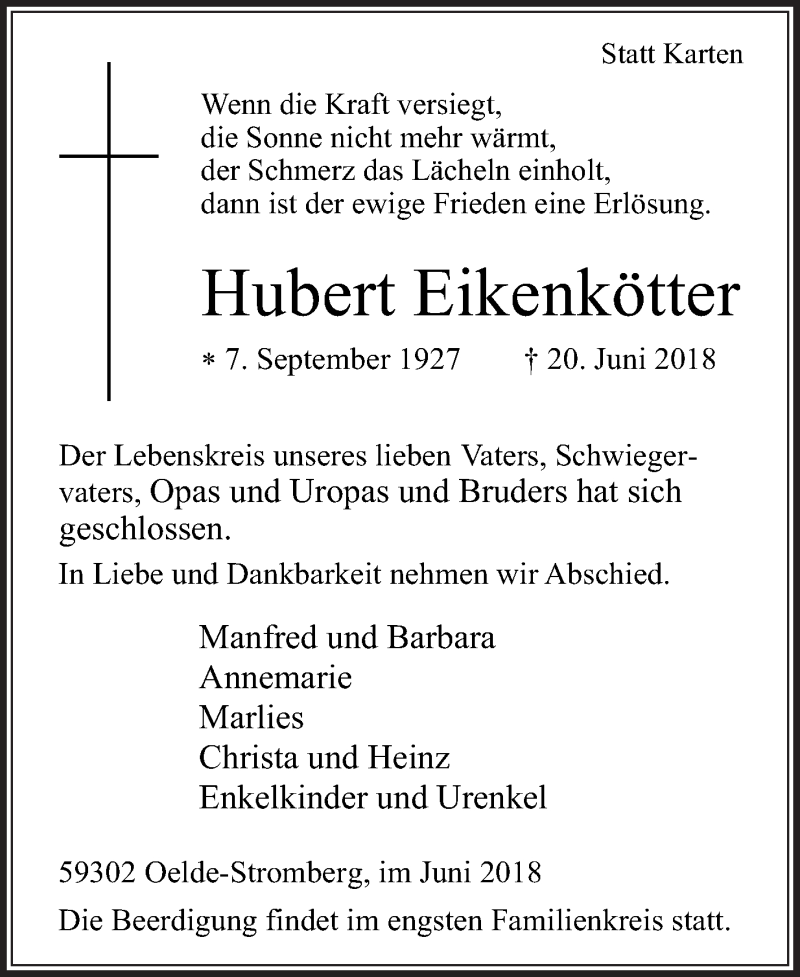  Traueranzeige für Hubert Eikenkötter vom 23.06.2018 aus Die Glocke