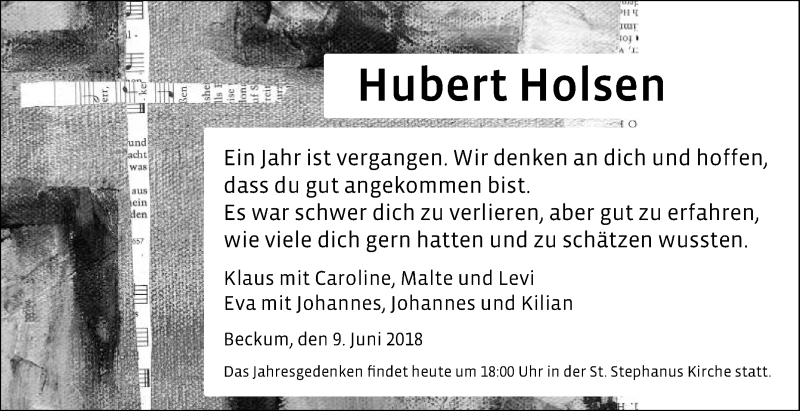  Traueranzeige für Hubert Holsen vom 09.06.2018 aus Die Glocke