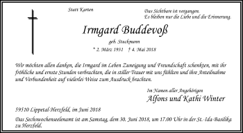 Traueranzeige von Irmgard Buddevoß von Die Glocke