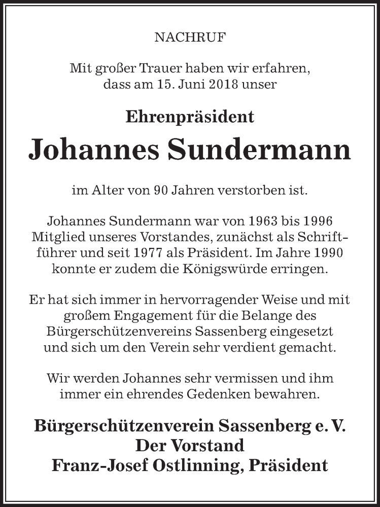  Traueranzeige für Johannes Sundermann vom 20.06.2018 aus Die Glocke