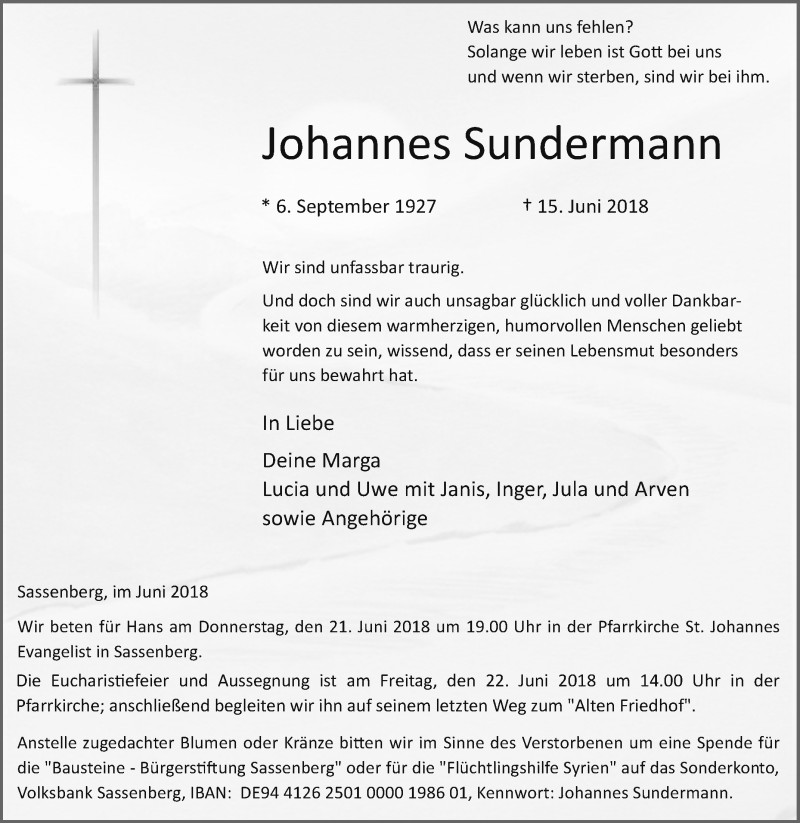  Traueranzeige für Johannes Sundermann vom 19.06.2018 aus Die Glocke