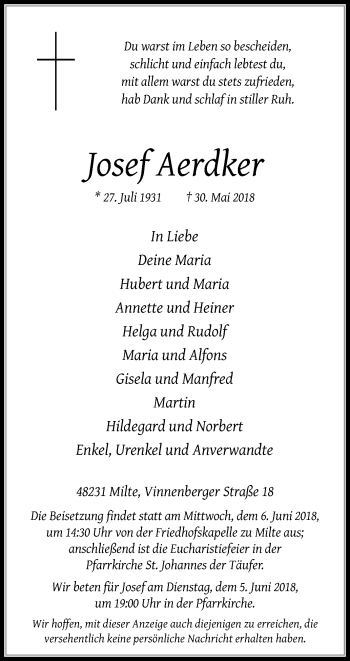 Traueranzeige von Josef Aerdker von Die Glocke