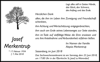Traueranzeige von Josef Merkentrup von Die Glocke