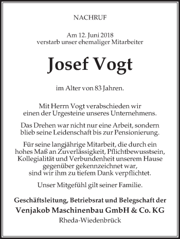Traueranzeige von Josef Vogt von Die Glocke