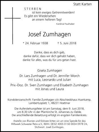 Traueranzeige von Josef Zumhagen von Die Glocke