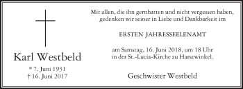 Traueranzeige von Karl Westbeld von Die Glocke