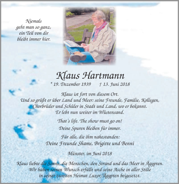 Traueranzeige von Klaus Hartmann von Die Glocke