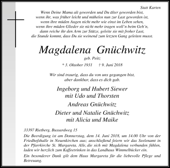 Traueranzeige von Magdalena Gnüchwitz von Die Glocke