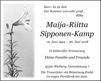 Traueranzeige von Maija-Riitta Sipponen-Kamp von Die Glocke