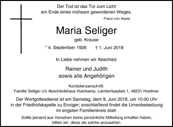 Traueranzeige von Maria Seliger von Die Glocke
