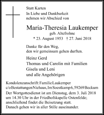 Traueranzeige von Maria-Theresia Laukemper von Die Glocke