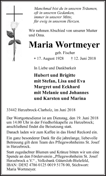 Traueranzeige von Maria Wortmeyer von Die Glocke