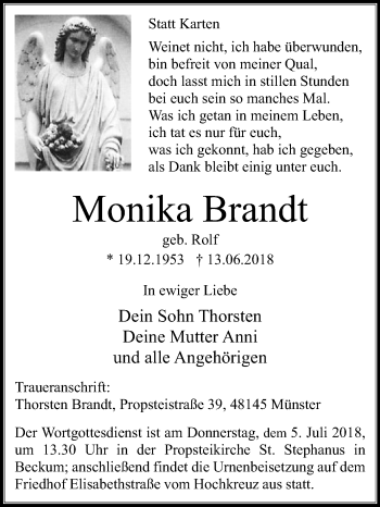 Traueranzeige von Monika Brandt von Die Glocke