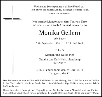 Traueranzeige von Monika Geilern von Die Glocke