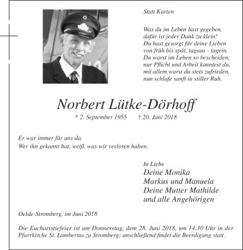 Traueranzeige von Norbert Lütke-Dörhoff von Die Glocke