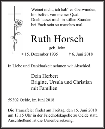 Traueranzeige von Ruth Horsch von Die Glocke