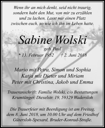 Traueranzeige von Sabine Wolski von Die Glocke