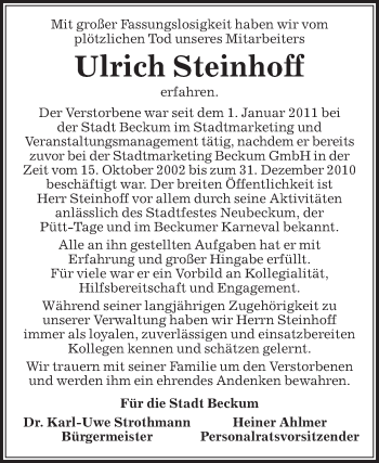 Traueranzeige von Ulrich Steinhoff von Die Glocke