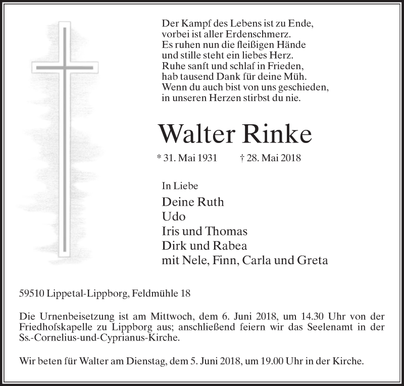  Traueranzeige für Walter Rinke vom 02.06.2018 aus Die Glocke