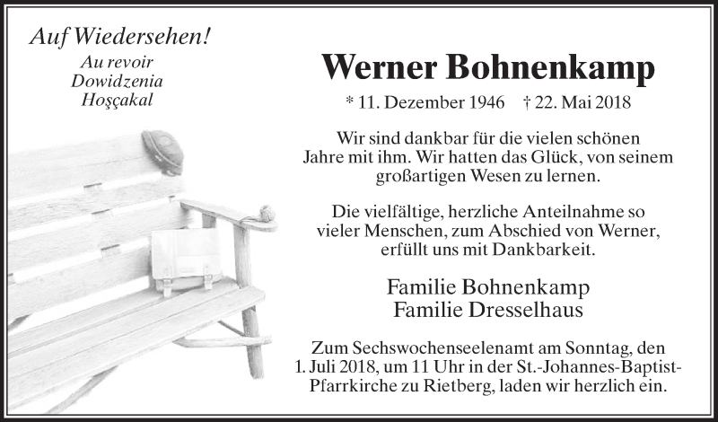  Traueranzeige für Werner Bohnenkamp vom 23.06.2018 aus Die Glocke