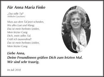Traueranzeige von Anna Maria Finke von Die Glocke