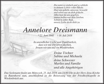 Traueranzeige von Annelore Dreismann von Die Glocke