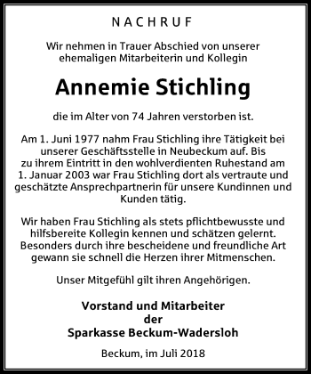 Traueranzeige von Annemie Stichling von Die Glocke
