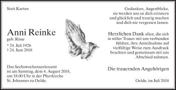 Traueranzeige von Anni Reinke von Die Glocke