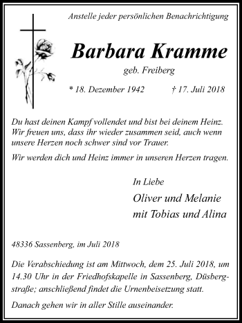 Traueranzeige von Barbara Kramme von Die Glocke