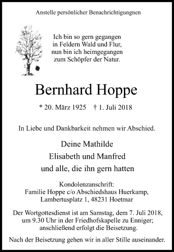 Traueranzeige von Bernhard Hoppe von Die Glocke