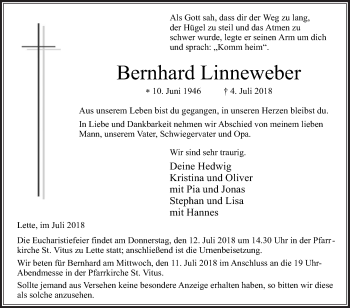 Traueranzeige von Bernhard Linneweber von Die Glocke