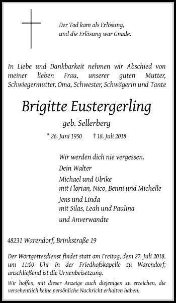Traueranzeige von Brigitte Eustergerling von Die Glocke