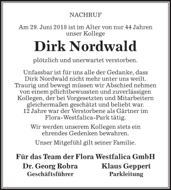 Traueranzeige von Dirk Nordwald von Die Glocke