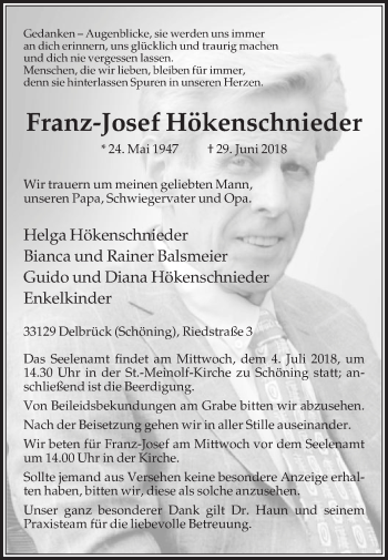 Traueranzeige von Franz-Josef Hökenschnieder von Die Glocke