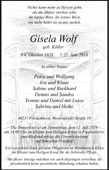 Traueranzeige von Gisela Wolf von Die Glocke