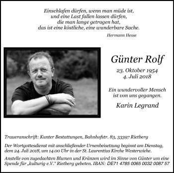 Traueranzeige von Günter Rolf von Die Glocke