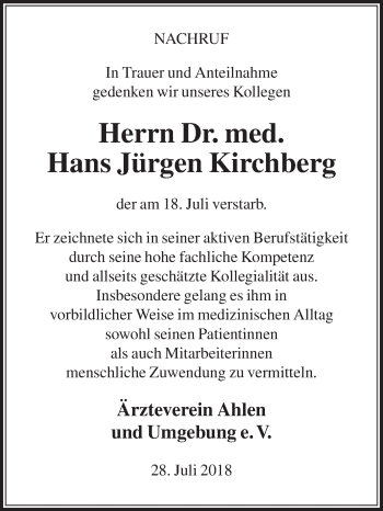 Traueranzeige von Hans Jürgen Kirchberg von Die Glocke