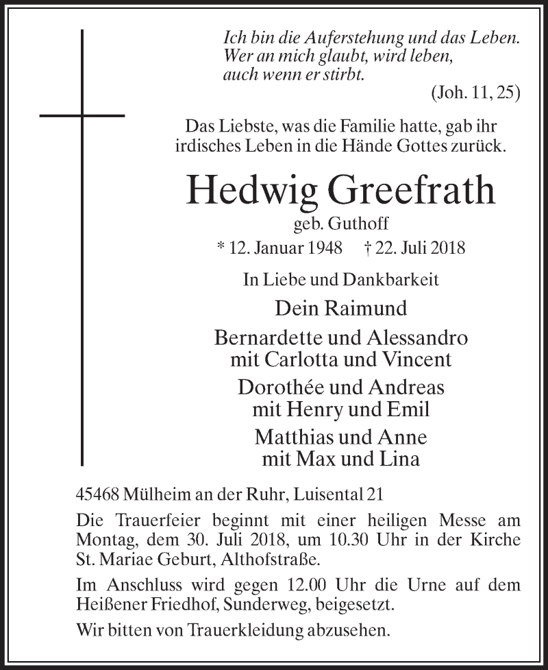  Traueranzeige für Hedwig Greefrath vom 26.07.2018 aus Die Glocke