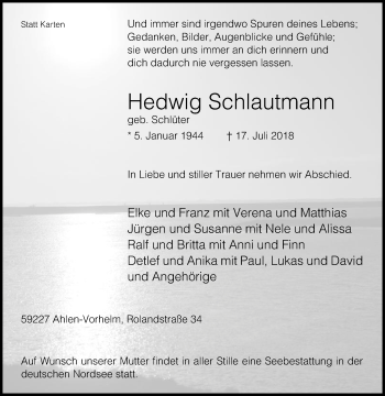 Traueranzeige von Hedwig Schlautmann von Die Glocke