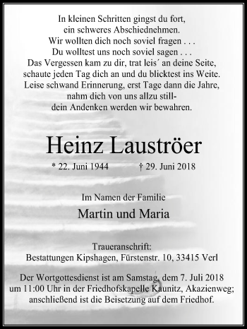 Traueranzeige von Heinz Lauströer von Die Glocke