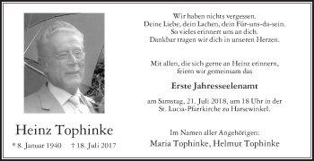 Traueranzeige von Heinz Tophinke von Die Glocke