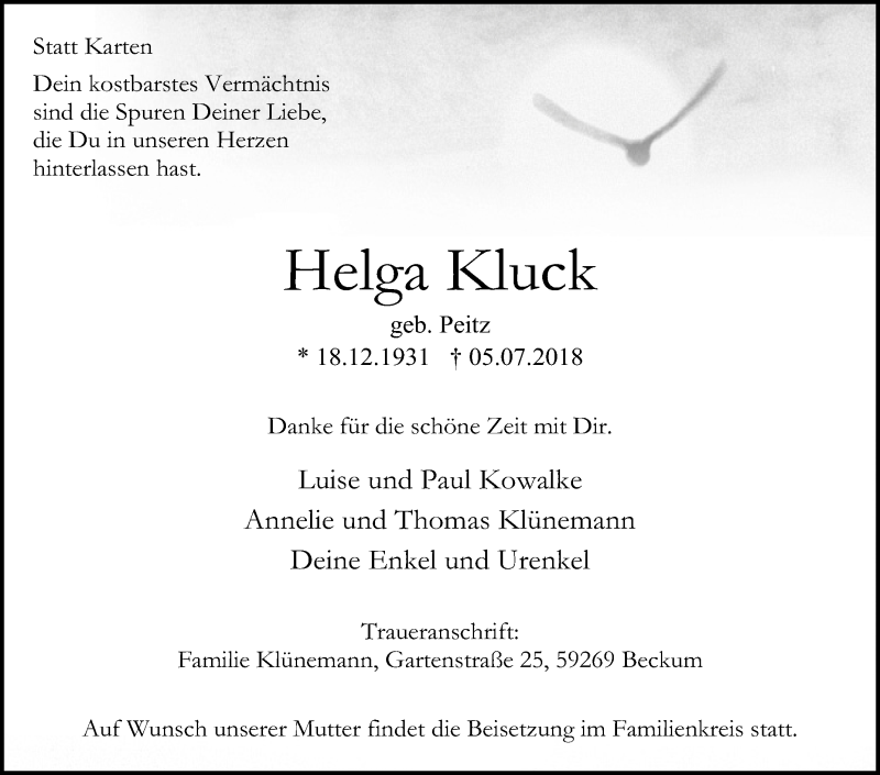  Traueranzeige für Helga Kluck vom 07.07.2018 aus Die Glocke