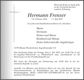 Traueranzeige von Hermann Frenser von Die Glocke