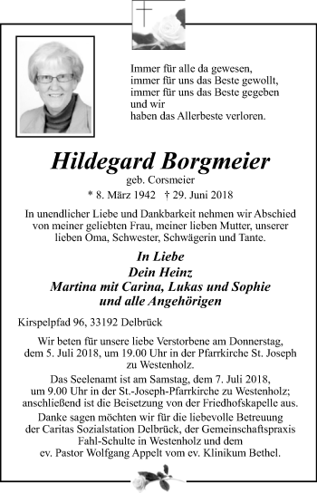 Traueranzeige von Hildegard Borgmeier von Die Glocke