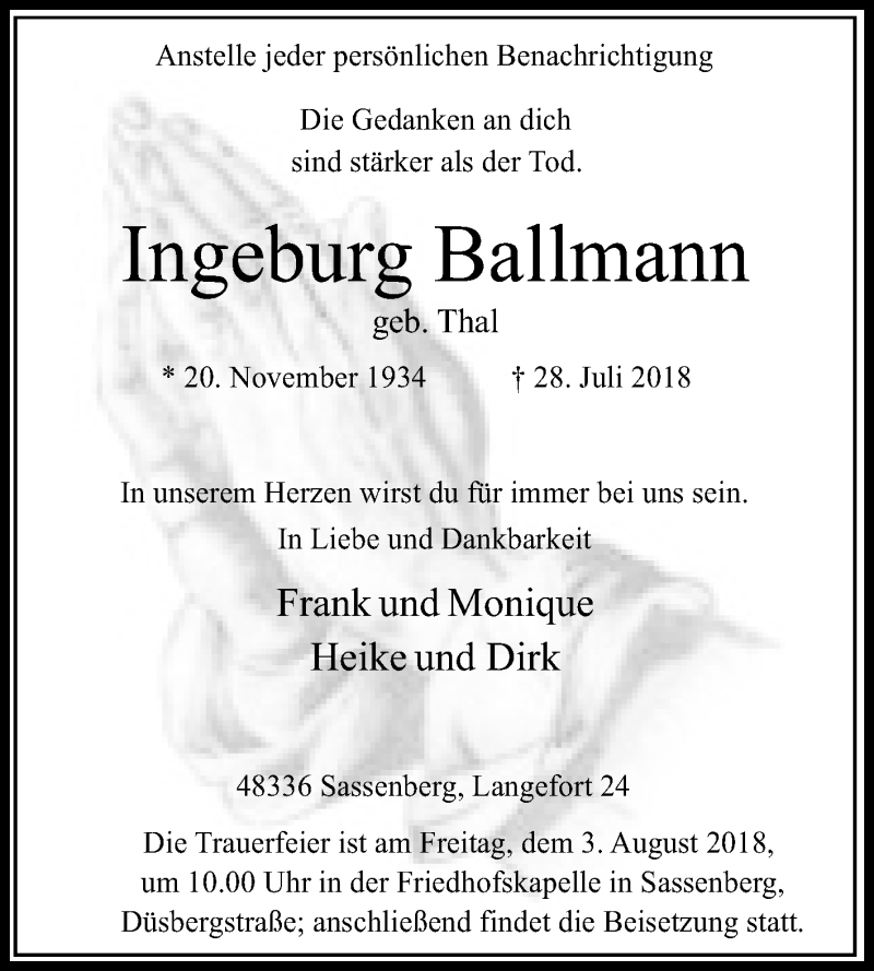  Traueranzeige für Ingeburg Ballmann vom 31.07.2018 aus Die Glocke